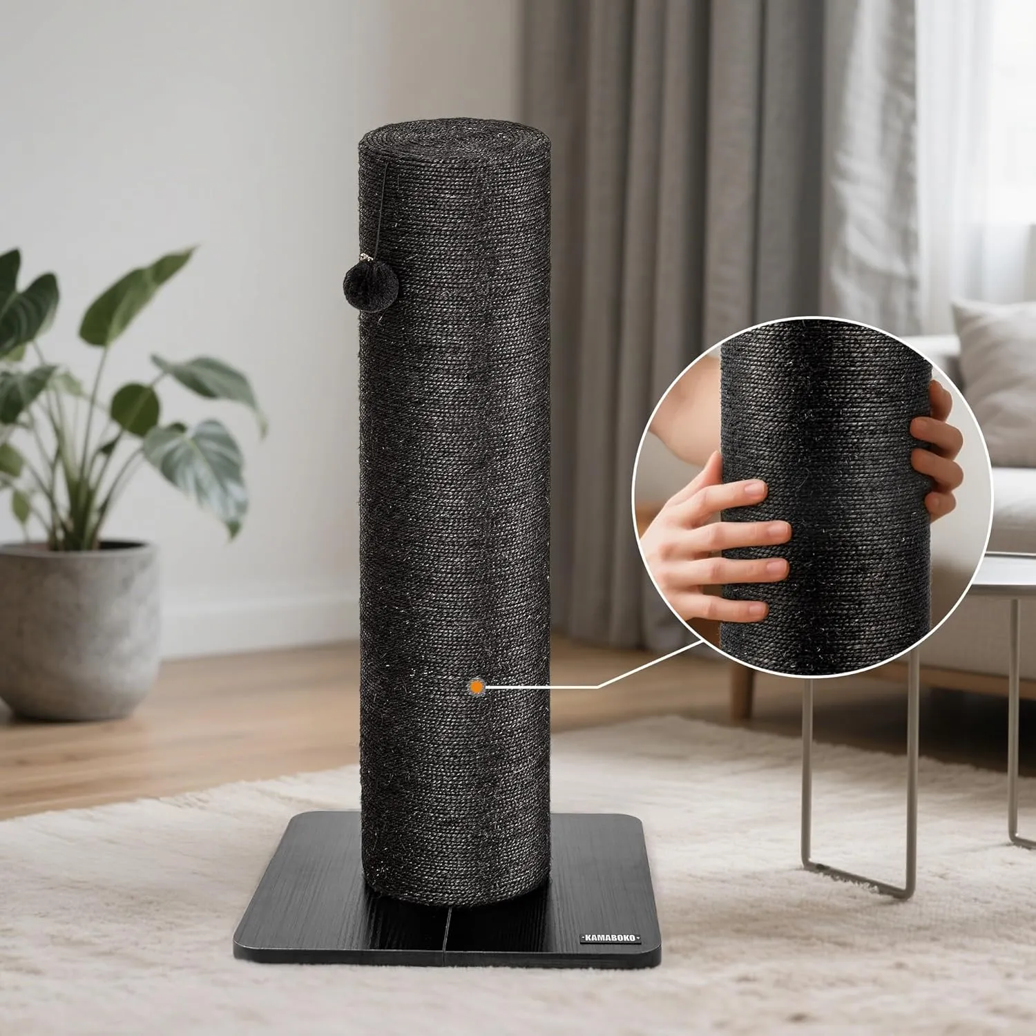 KAMABOKO 29.5" Cat Scratching Post for Large Cats, 7.5" Ultra-Large Diameter Natural Sisal Cat Scratch Post, Scratch-Resistant Tall Cat Scratcher for Indoor Cats, Protect Your Furniture, Black