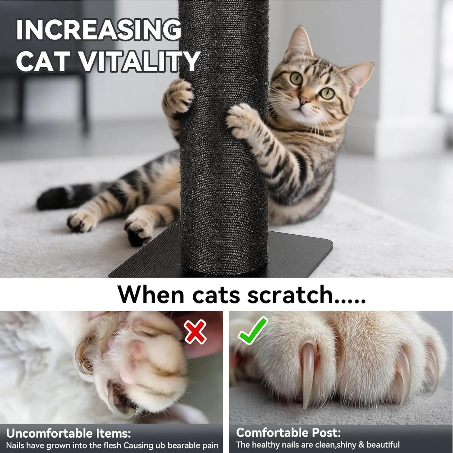 KAMABOKO 29.5" Cat Scratching Post for Large Cats, 7.5" Ultra-Large Diameter Natural Sisal Cat Scratch Post, Scratch-Resistant Tall Cat Scratcher for Indoor Cats, Protect Your Furniture, Black
