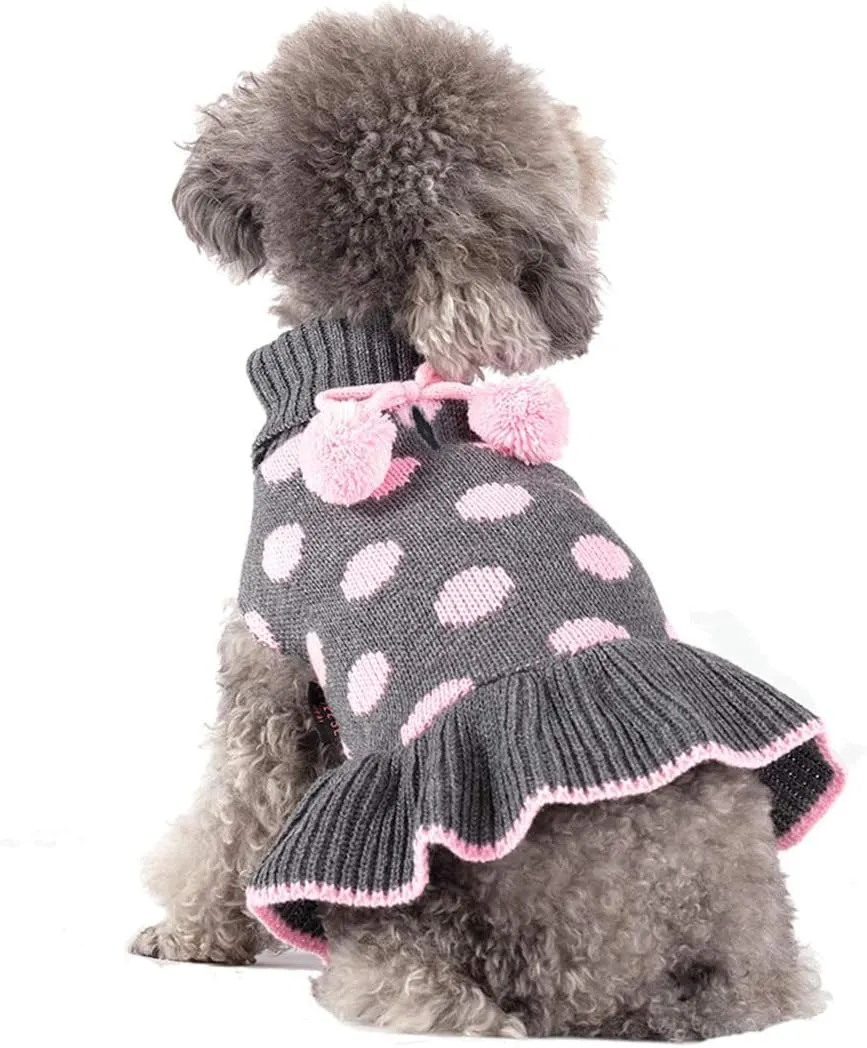 KYEESE Dog Sweaters with Leash Hole Small Turtleneck Dog Sweater Dress for Girl Polka Dot Knit Warm Pet Clothes with Pom Pom Ball