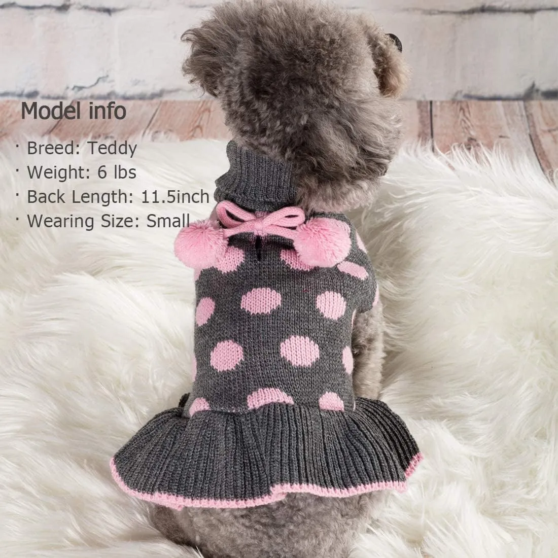 KYEESE Dog Sweaters with Leash Hole Small Turtleneck Dog Sweater Dress for Girl Polka Dot Knit Warm Pet Clothes with Pom Pom Ball