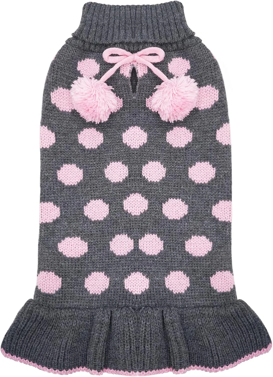 KYEESE Dog Sweaters with Leash Hole Small Turtleneck Dog Sweater Dress for Girl Polka Dot Knit Warm Pet Clothes with Pom Pom Ball