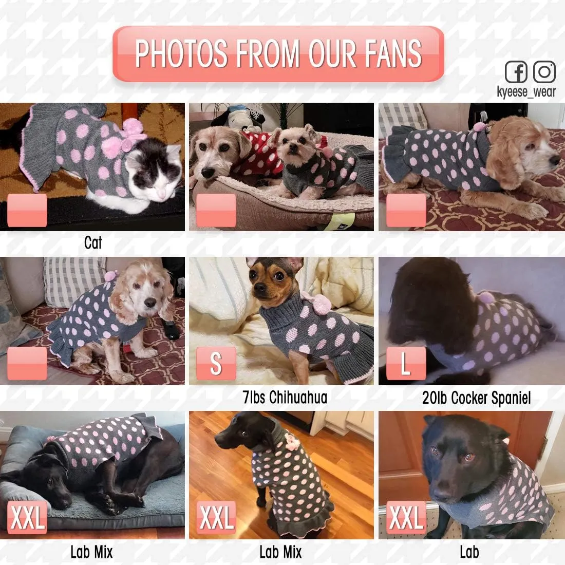 KYEESE Dog Sweaters with Leash Hole Small Turtleneck Dog Sweater Dress for Girl Polka Dot Knit Warm Pet Clothes with Pom Pom Ball