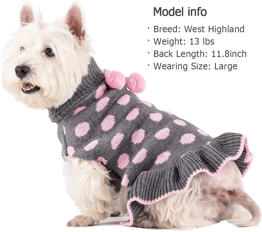 KYEESE Dog Sweaters with Leash Hole Small Turtleneck Dog Sweater Dress for Girl Polka Dot Knit Warm Pet Clothes with Pom Pom Ball