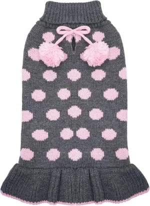 KYEESE Dog Sweaters with Leash Hole Small Turtleneck Dog Sweater Dress for Girl Polka Dot Knit Warm Pet Clothes with Pom Pom Ball