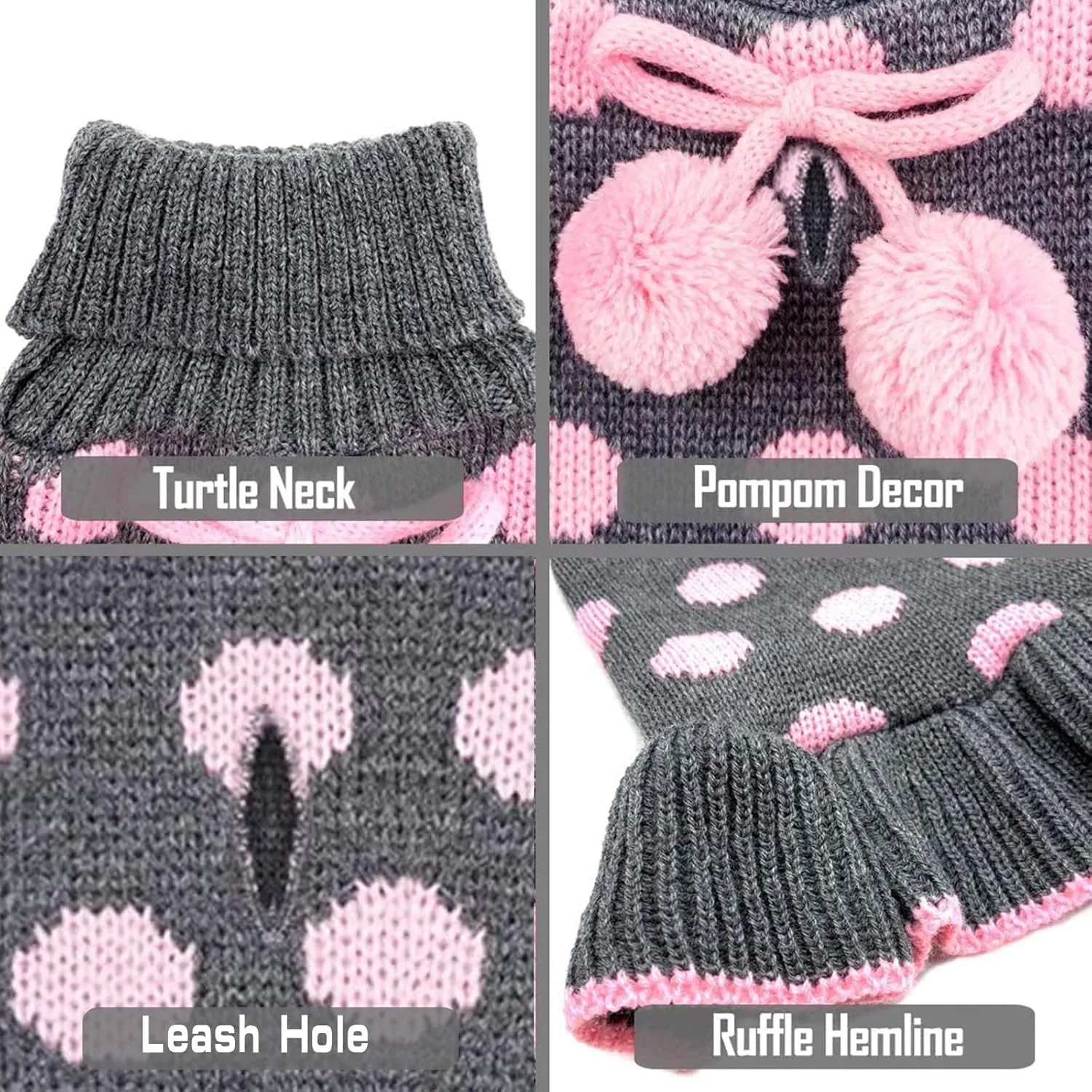 KYEESE Dog Sweaters with Leash Hole Small Turtleneck Dog Sweater Dress for Girl Polka Dot Knit Warm Pet Clothes with Pom Pom Ball