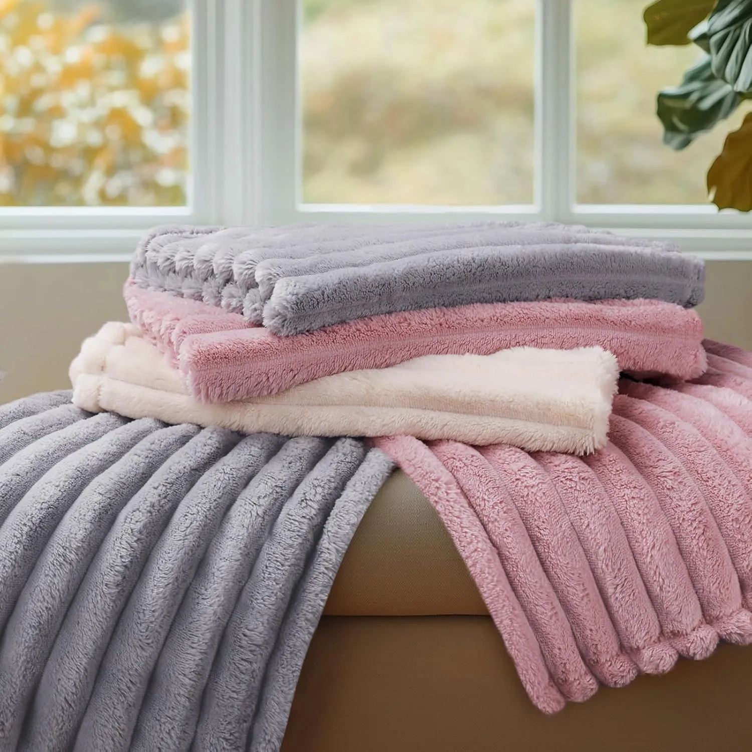 LINENLUX 1 Pack 3 Soft Fleece Dog Blanket for Pet Washable Warm Cat Puppy Fluffy Calming Flannel Beige/Pink/Grey Small
