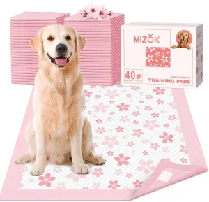 MIZOK Puppy Pads 28x34in Pee Pads for Dogs Pink, Dog Pads Extra Large Absorbent with Adhesive Tabs 6-Layer Leak-Proof Quick-Dry Design Odor Control, Cherry Blossom Prints (40 Counts)