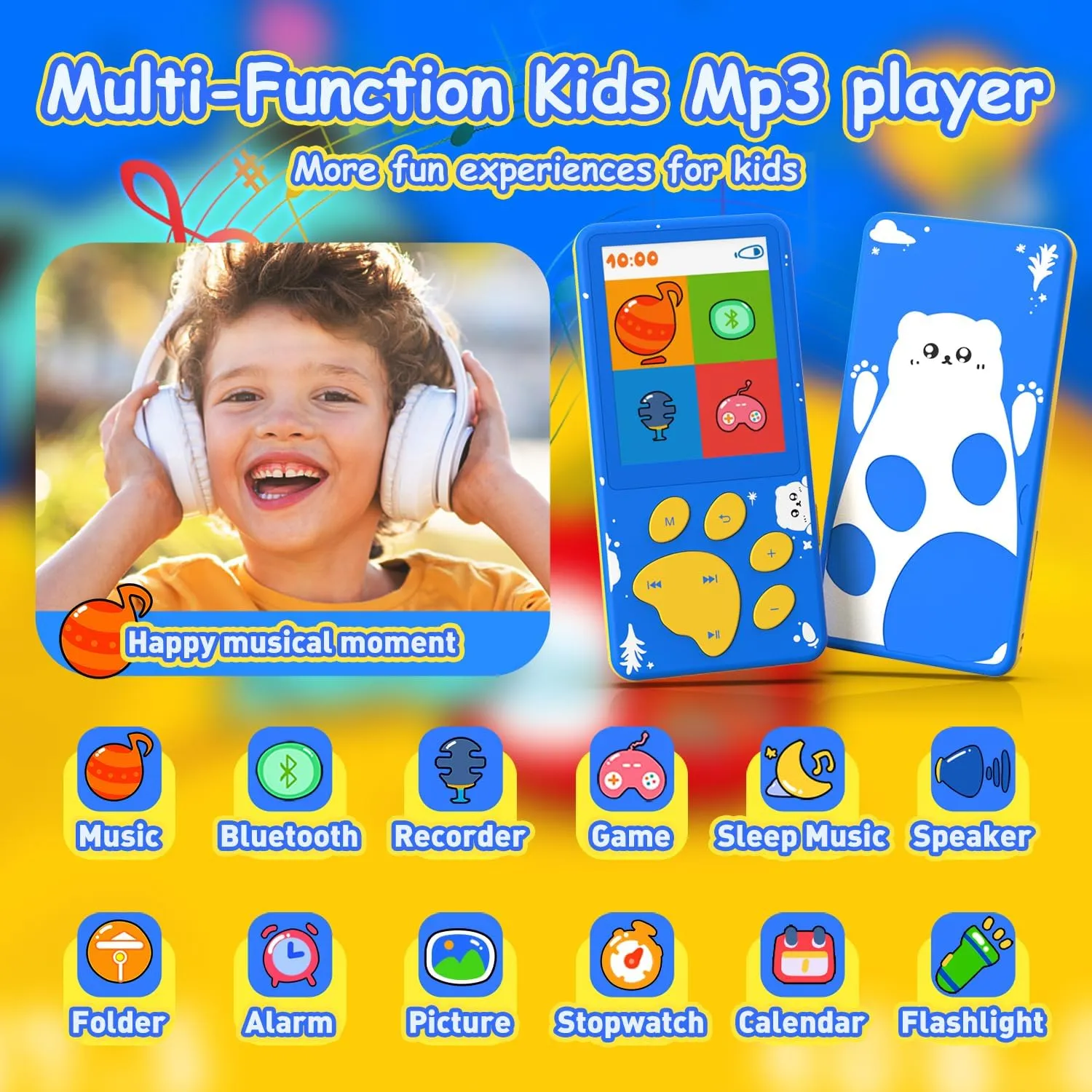 MP3 Player for Kids,32GB Kids MP3 Player with Bluetooth,Speaker,Flashlight,Games,Voice Recorder and Headphone, Music Player with Cartoon Bear Paw Button Expandable128GB (New Version)