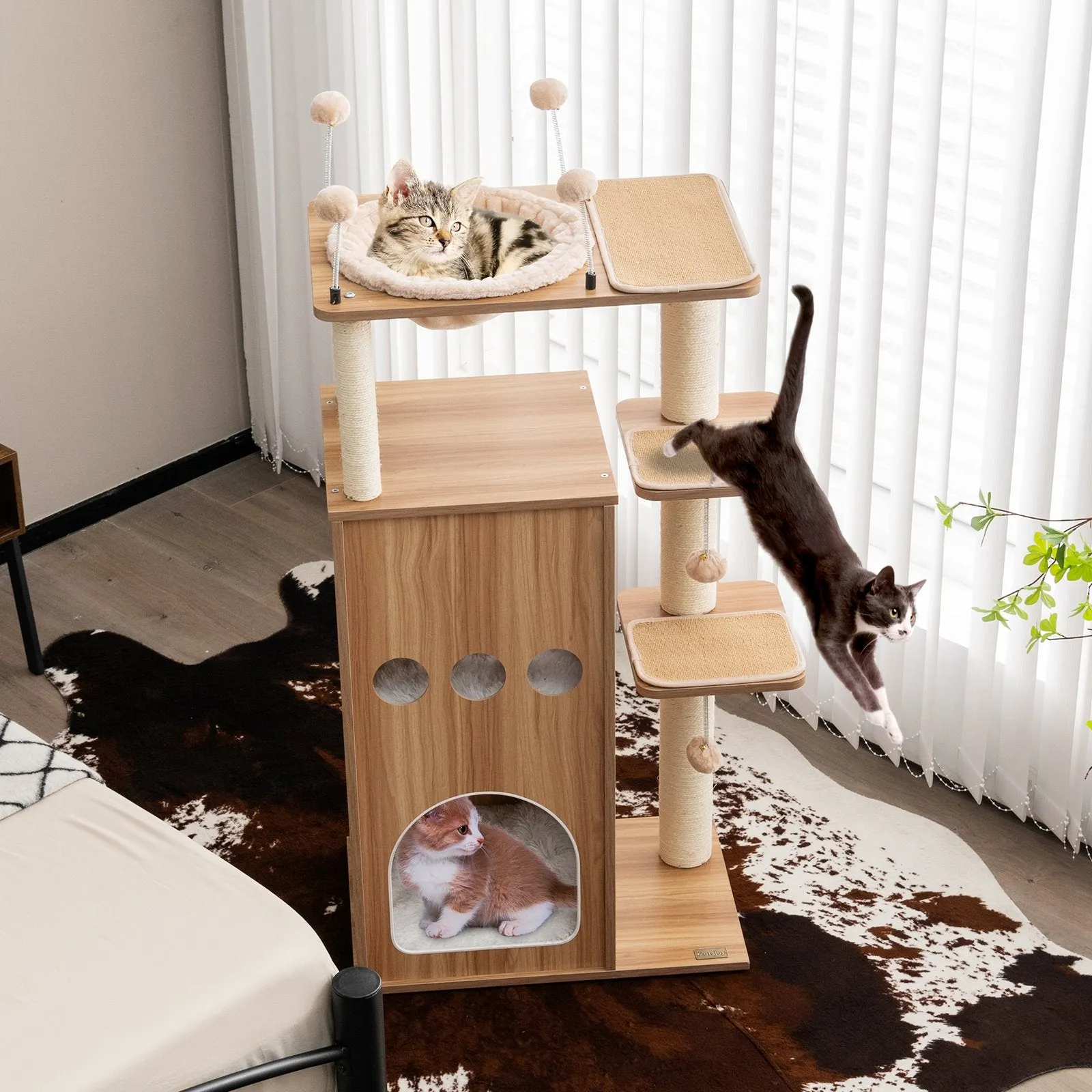 Multi-Level Wooden Cat Tree with Hammock and Scratch Posts