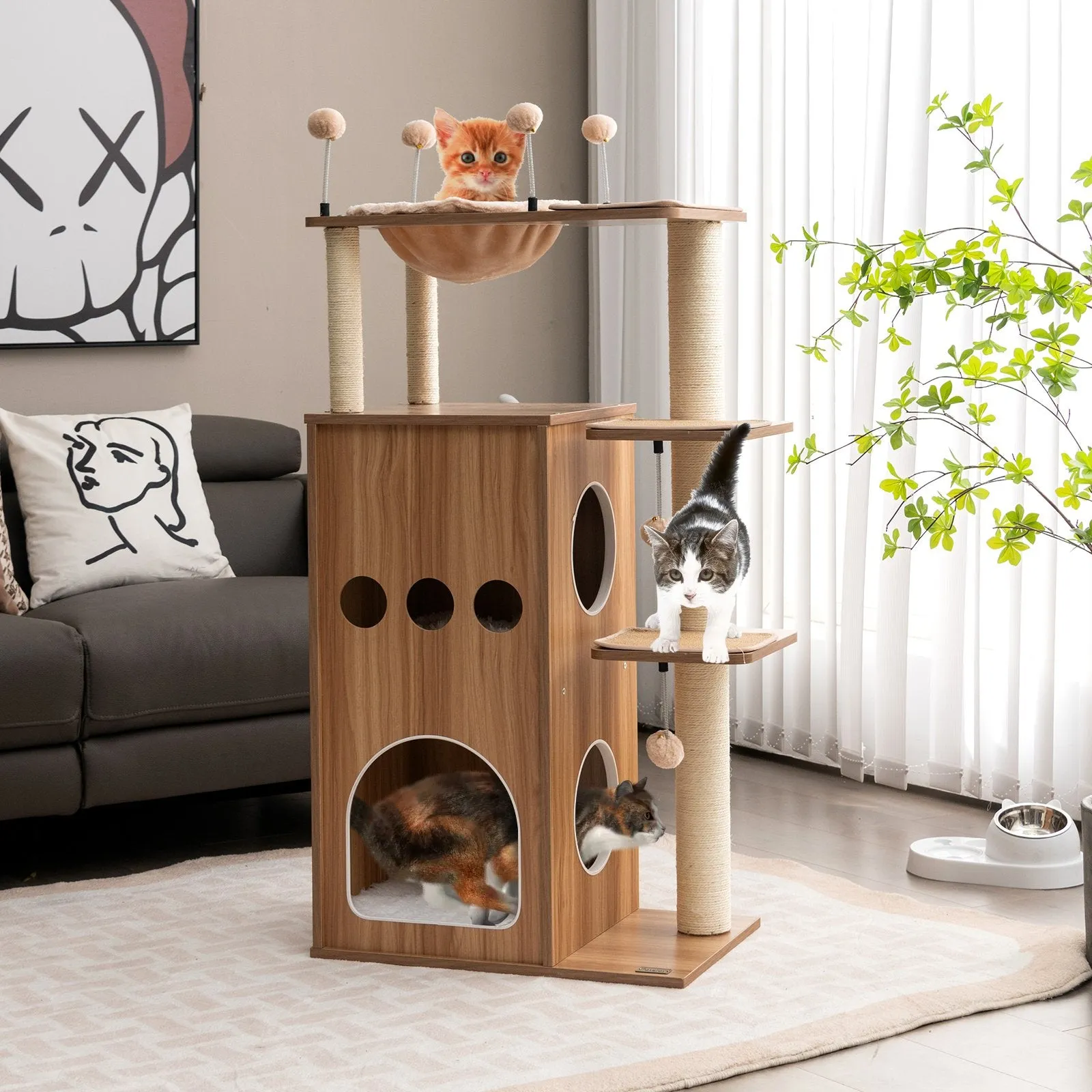 Multi-Level Wooden Cat Tree with Hammock and Scratch Posts