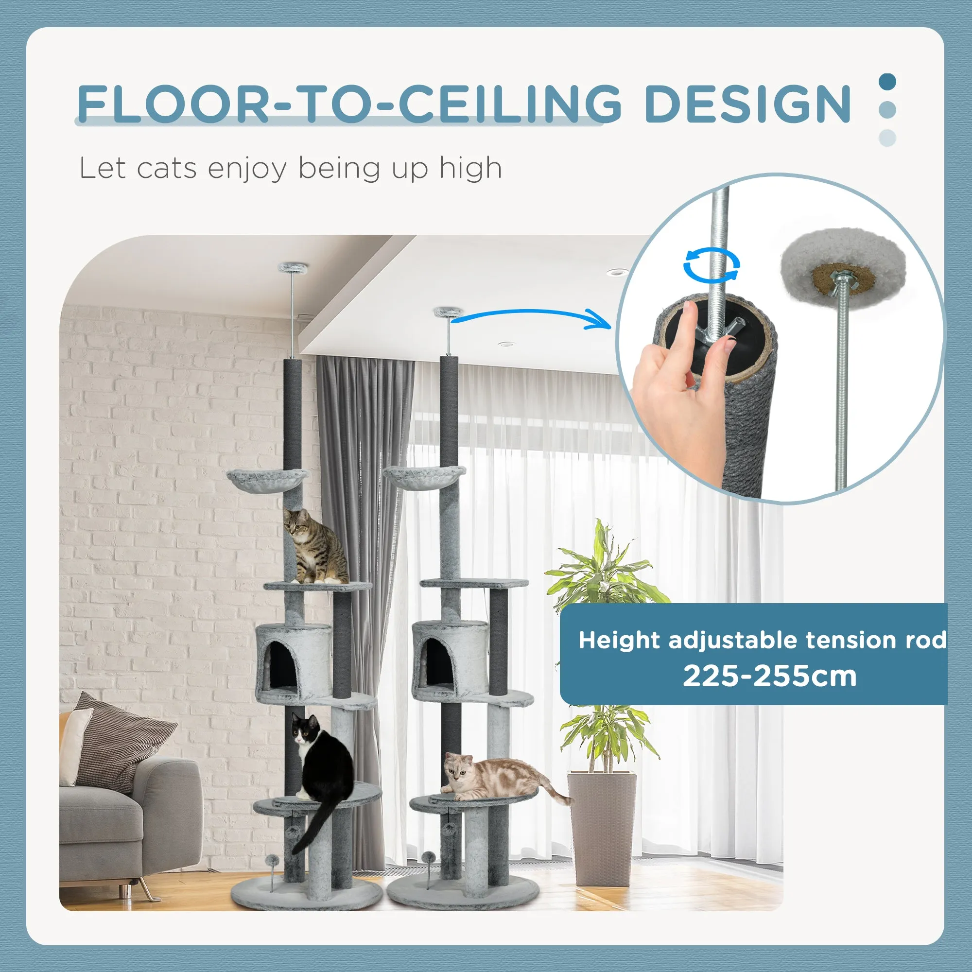 PawHut 255cm Floor to Ceiling Cat Tree with Scratching Posts, Hammock, House