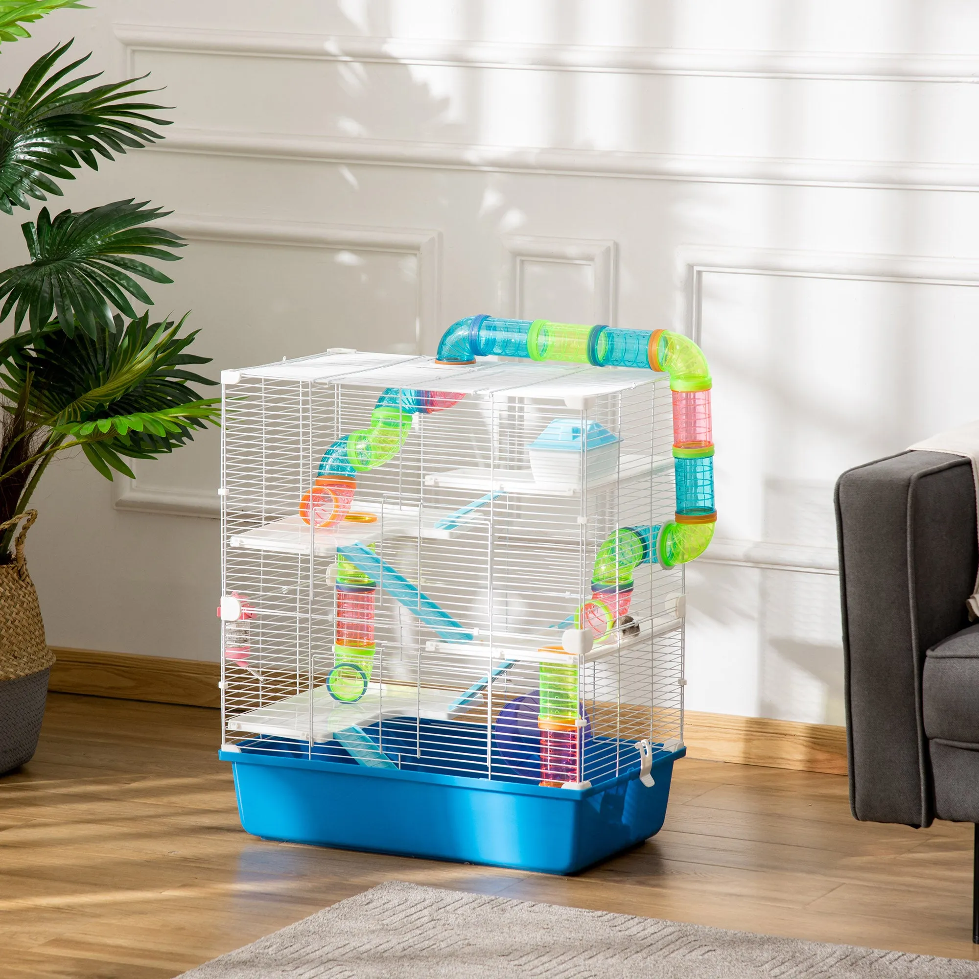 PawHut Hamster Cage w/ Water Bottle, Exercise Wheel, Tubes, Ramps - Blue