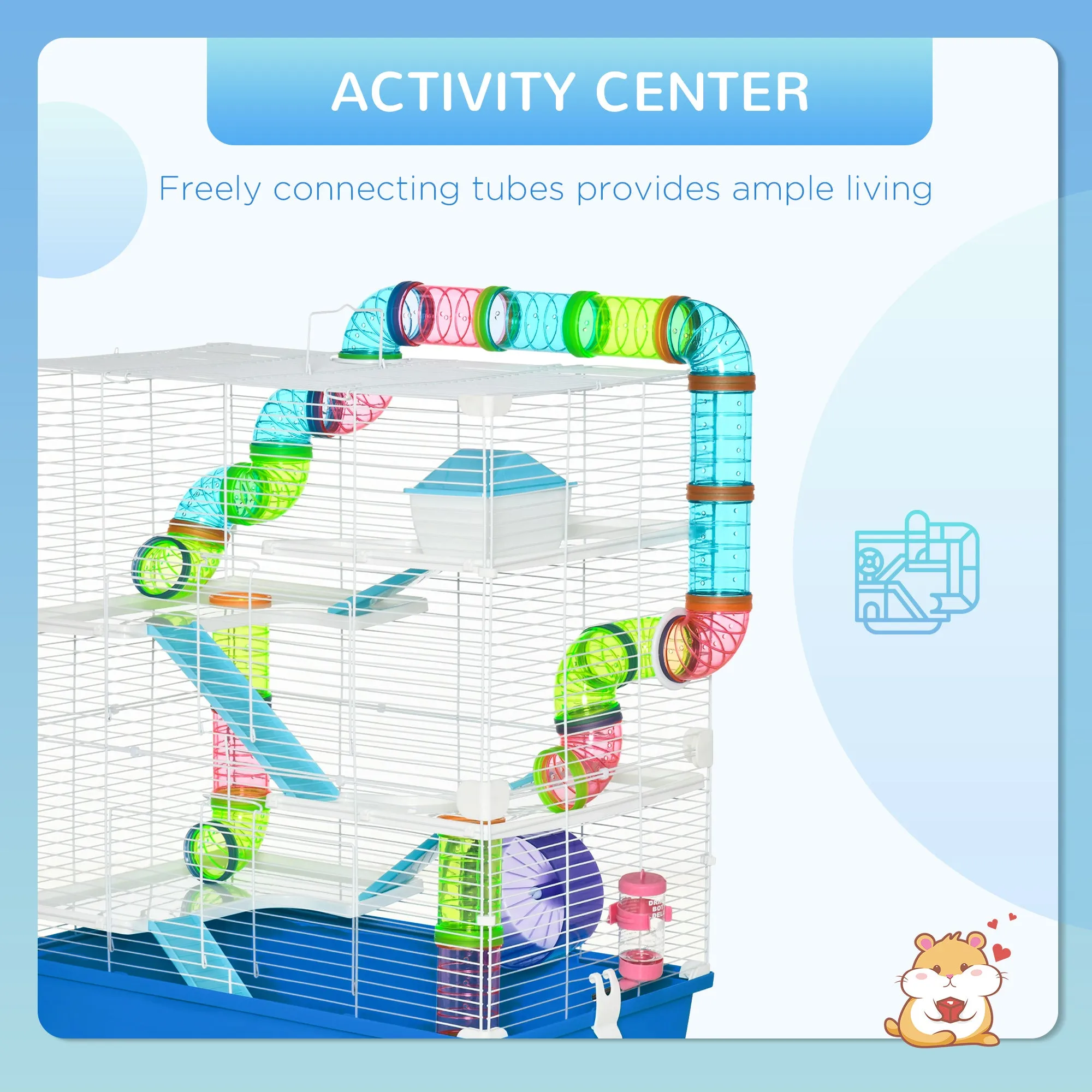 PawHut Hamster Cage w/ Water Bottle, Exercise Wheel, Tubes, Ramps - Blue