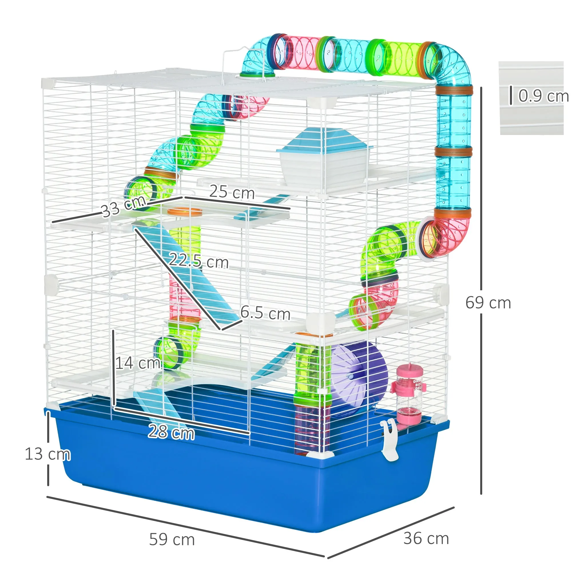 PawHut Hamster Cage w/ Water Bottle, Exercise Wheel, Tubes, Ramps - Blue