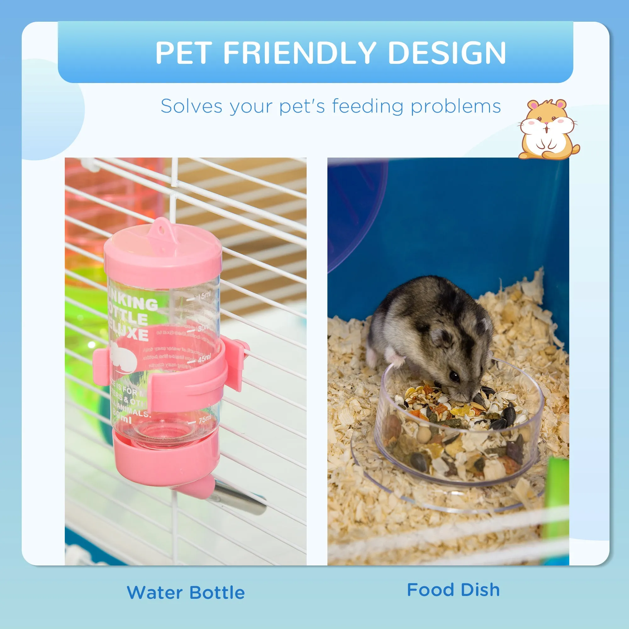 PawHut Hamster Cage w/ Water Bottle, Exercise Wheel, Tubes, Ramps - Blue