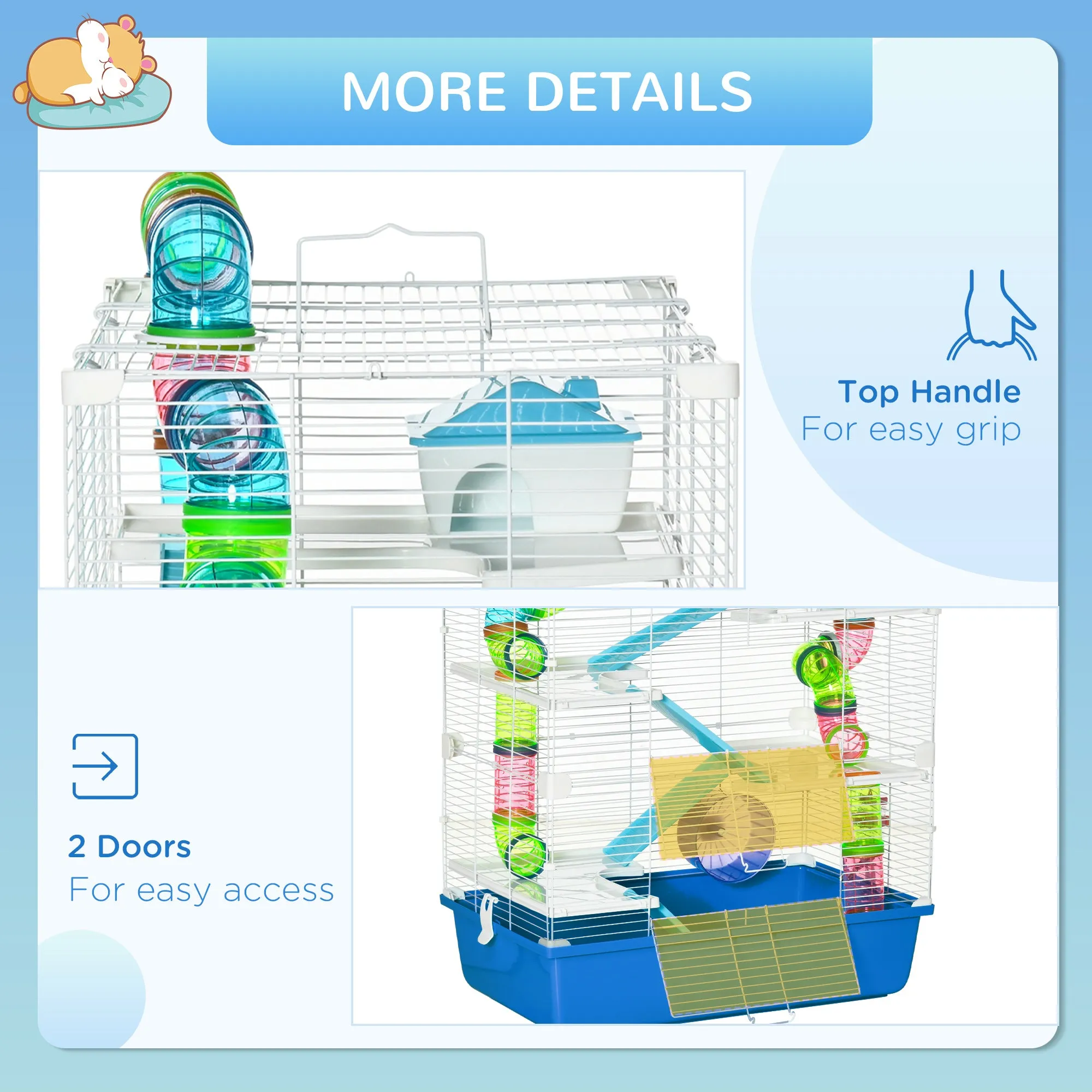 PawHut Hamster Cage w/ Water Bottle, Exercise Wheel, Tubes, Ramps - Blue