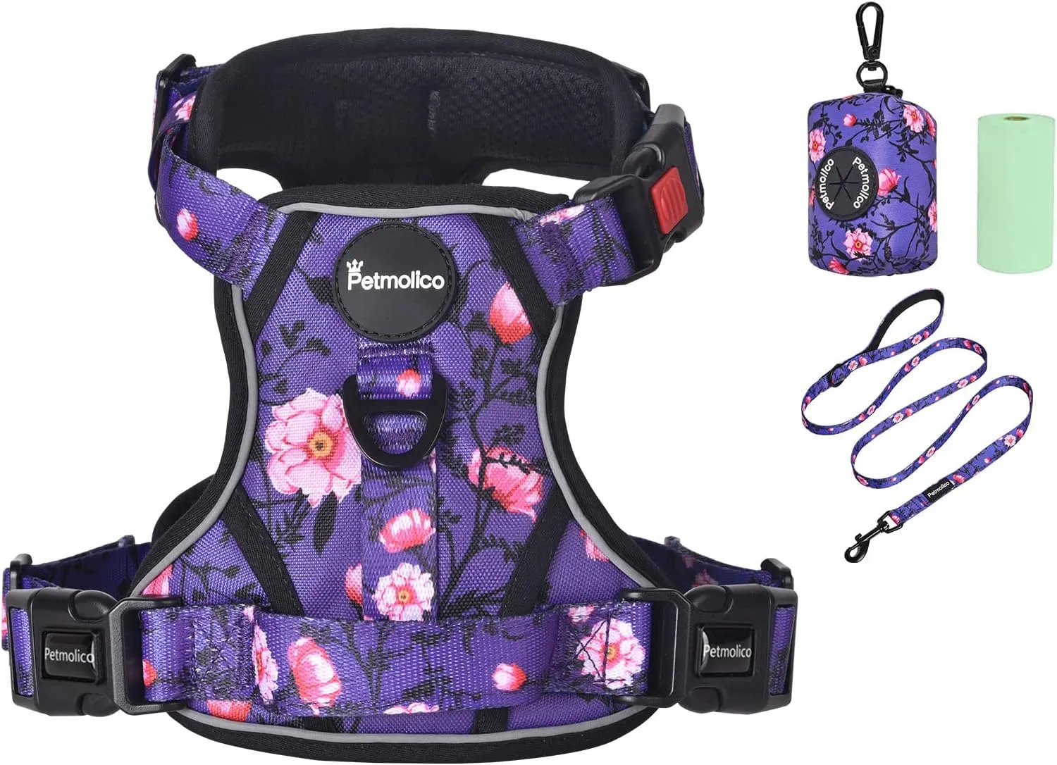 Petmolico No Pull Dog Harness Set with Leash Attachment Easy Control Handle Reflective Harness Vest Small Breed, Puppy Vest and Leash Set with Poop Bag Holder, XS - Purple Peach