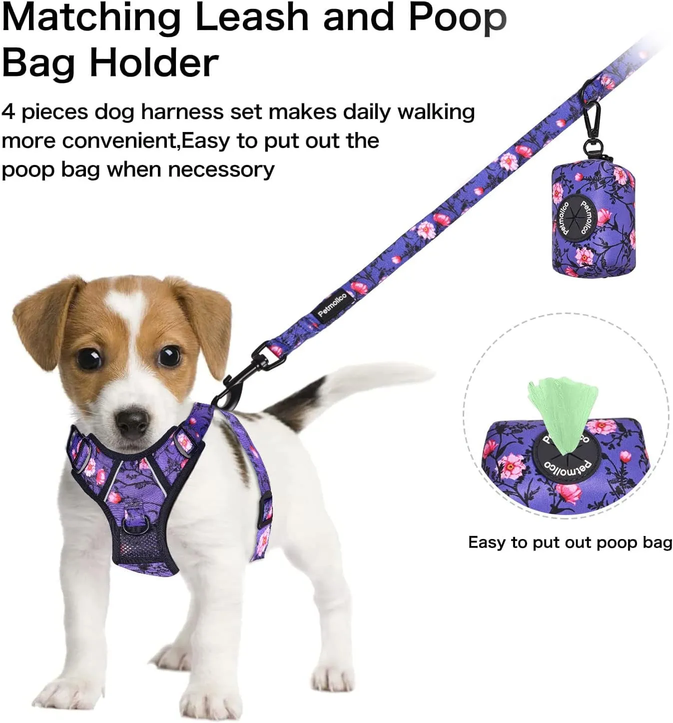 Petmolico No Pull Dog Harness Set with Leash Attachment Easy Control Handle Reflective Harness Vest Small Breed, Puppy Vest and Leash Set with Poop Bag Holder, XS - Purple Peach