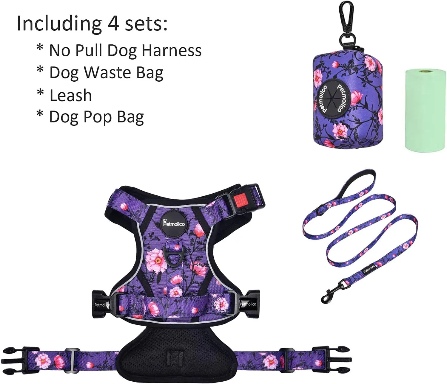 Petmolico No Pull Dog Harness Set with Leash Attachment Easy Control Handle Reflective Harness Vest Small Breed, Puppy Vest and Leash Set with Poop Bag Holder, XS - Purple Peach