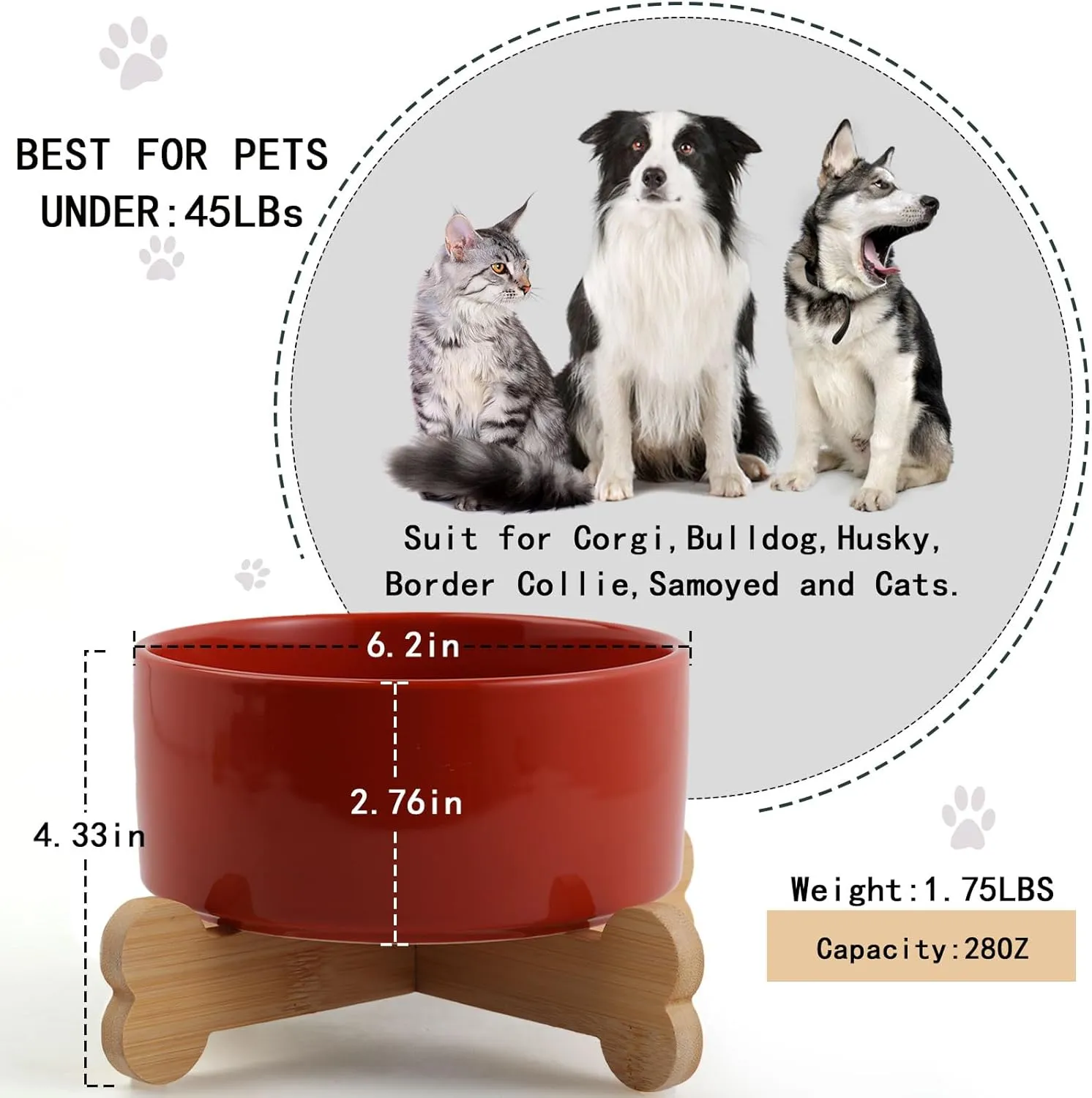 Petygooing Raised/Elevated Ceramic Dog Bowl with Stand for Small and Medium Size Breed,Non-Slip Pet Dish Set for Food Water Feeder for Cats & Puppy Dogs (28OZ/6.1 in) Rust Red