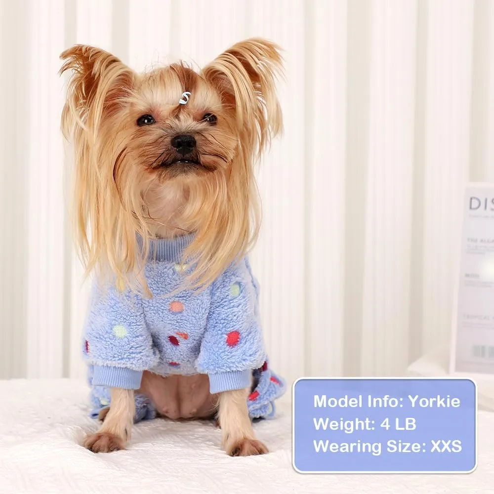 Sebaoyu Fleece Dog Sweater for Small Girl Boy Winter Cute Warm Pajamas Polka Dot Pet Clothes Puppy Yorkie Cat Tiny Outfit Pjs 4 Legs Jumpsuit(Blue,XX-Small)