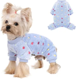 Sebaoyu Fleece Dog Sweater for Small Girl Boy Winter Cute Warm Pajamas Polka Dot Pet Clothes Puppy Yorkie Cat Tiny Outfit Pjs 4 Legs Jumpsuit(Blue,XX-Small)
