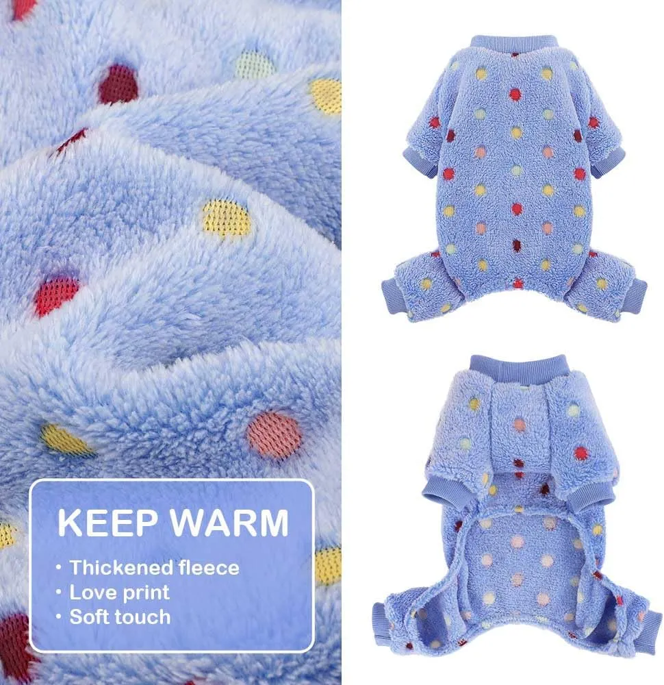 Sebaoyu Fleece Dog Sweater for Small Girl Boy Winter Cute Warm Pajamas Polka Dot Pet Clothes Puppy Yorkie Cat Tiny Outfit Pjs 4 Legs Jumpsuit(Blue,XX-Small)