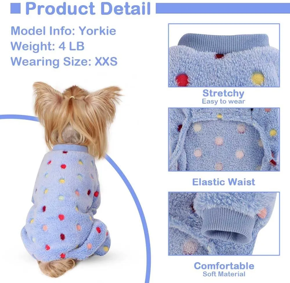 Sebaoyu Fleece Dog Sweater for Small Girl Boy Winter Cute Warm Pajamas Polka Dot Pet Clothes Puppy Yorkie Cat Tiny Outfit Pjs 4 Legs Jumpsuit(Blue,XX-Small)