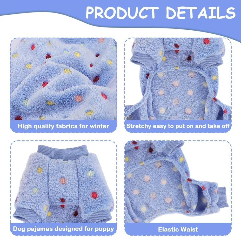 Sebaoyu Fleece Dog Sweater for Small Girl Boy Winter Cute Warm Pajamas Polka Dot Pet Clothes Puppy Yorkie Cat Tiny Outfit Pjs 4 Legs Jumpsuit(Blue,XX-Small)