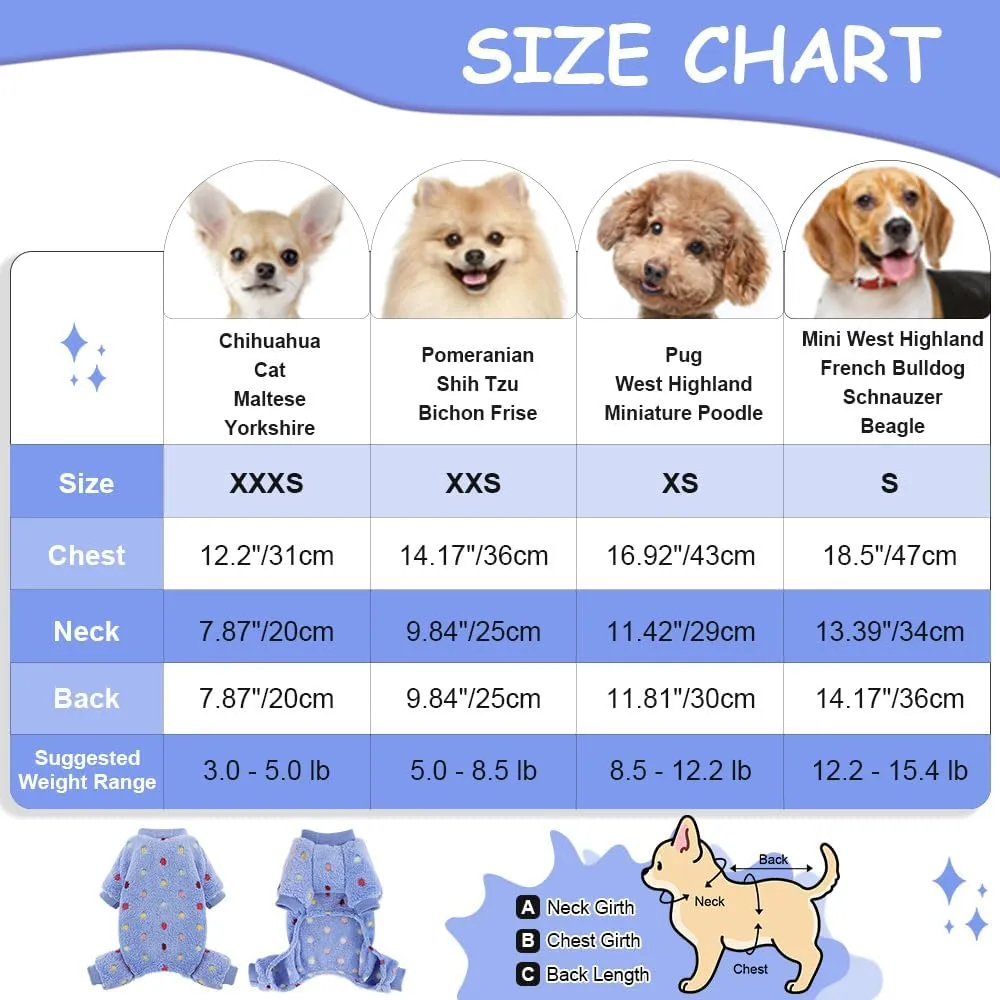 Sebaoyu Fleece Dog Sweater for Small Girl Boy Winter Cute Warm Pajamas Polka Dot Pet Clothes Puppy Yorkie Cat Tiny Outfit Pjs 4 Legs Jumpsuit(Blue,XX-Small)