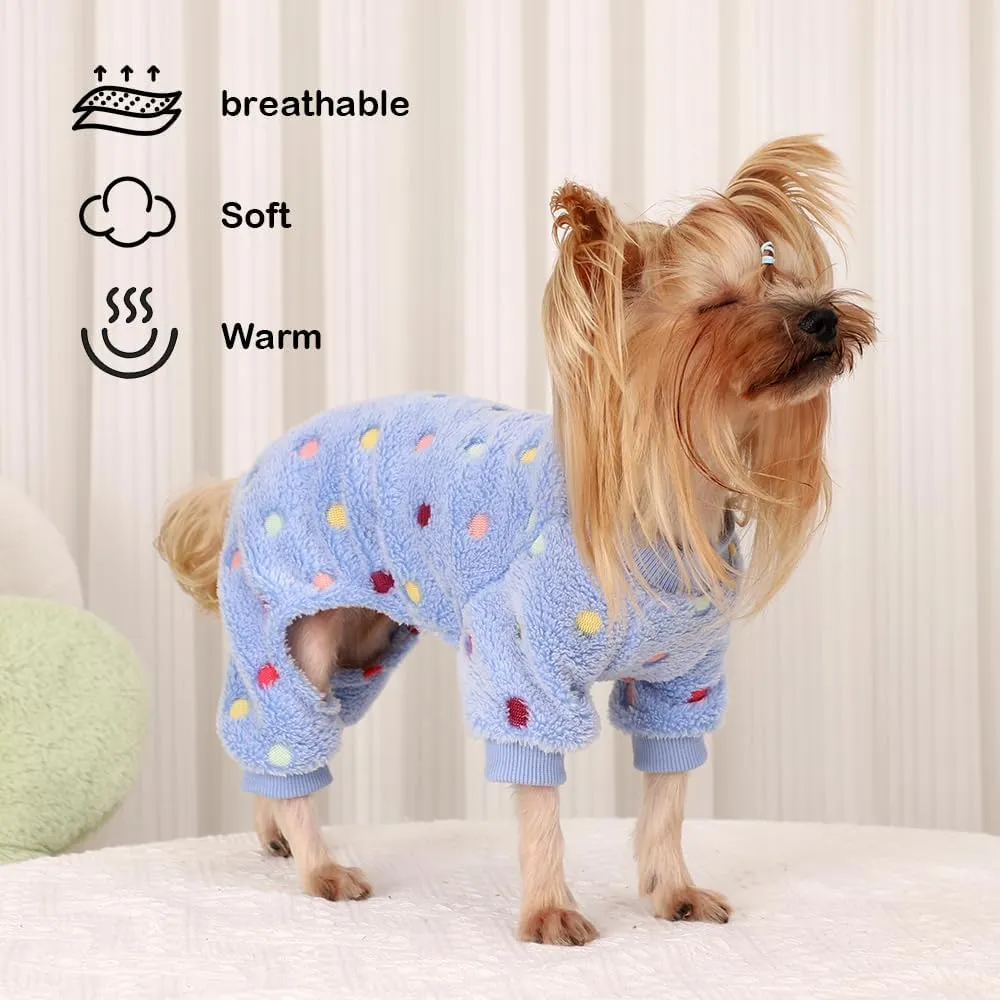 Sebaoyu Fleece Dog Sweater for Small Girl Boy Winter Cute Warm Pajamas Polka Dot Pet Clothes Puppy Yorkie Cat Tiny Outfit Pjs 4 Legs Jumpsuit(Blue,XX-Small)