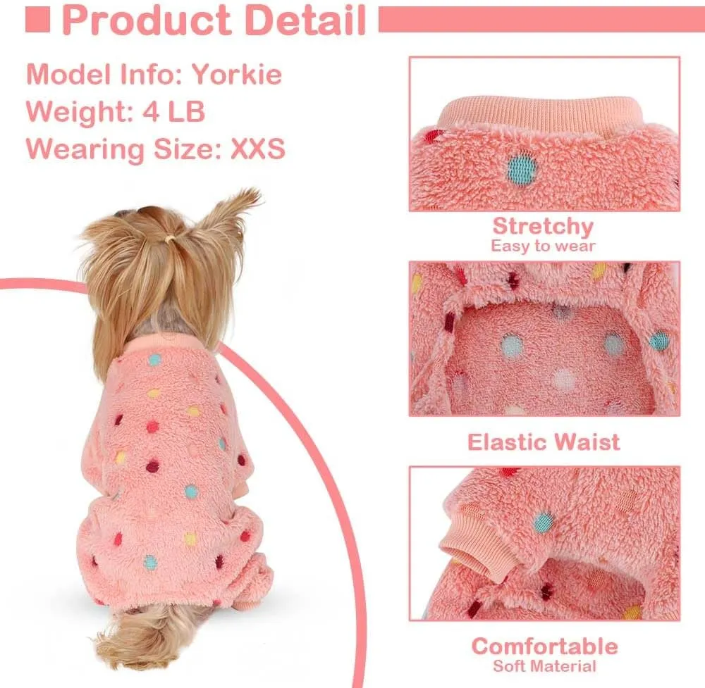 Sebaoyu Fleece Dog Sweater for Small Girl Boy Winter Cute Warm Pajamas Polka Dot Pet Clothes Puppy Yorkie Cat Tiny Outfit Pjs 4 Legs Jumpsuit(Pink,XX-Small)