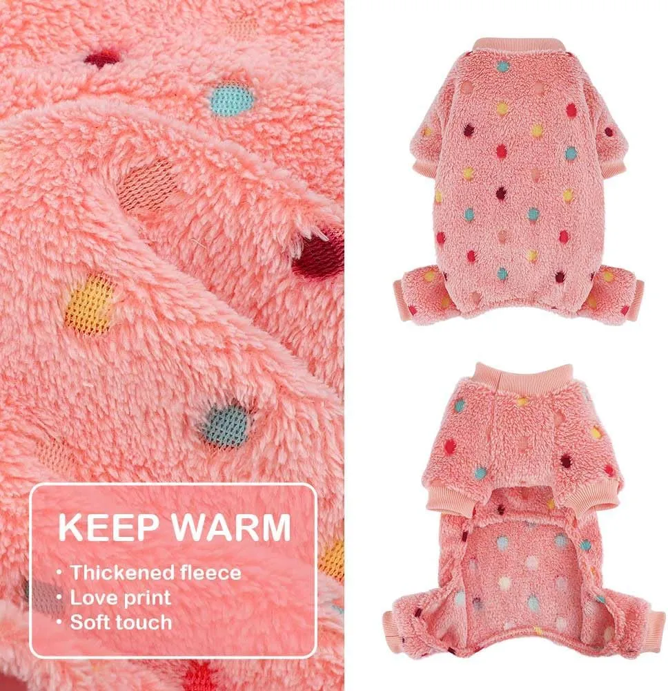 Sebaoyu Fleece Dog Sweater for Small Girl Boy Winter Cute Warm Pajamas Polka Dot Pet Clothes Puppy Yorkie Cat Tiny Outfit Pjs 4 Legs Jumpsuit(Pink,XX-Small)