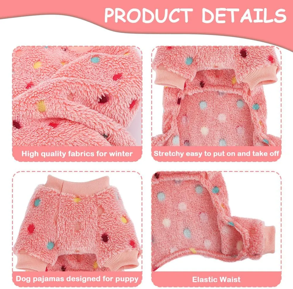 Sebaoyu Fleece Dog Sweater for Small Girl Boy Winter Cute Warm Pajamas Polka Dot Pet Clothes Puppy Yorkie Cat Tiny Outfit Pjs 4 Legs Jumpsuit(Pink,XX-Small)
