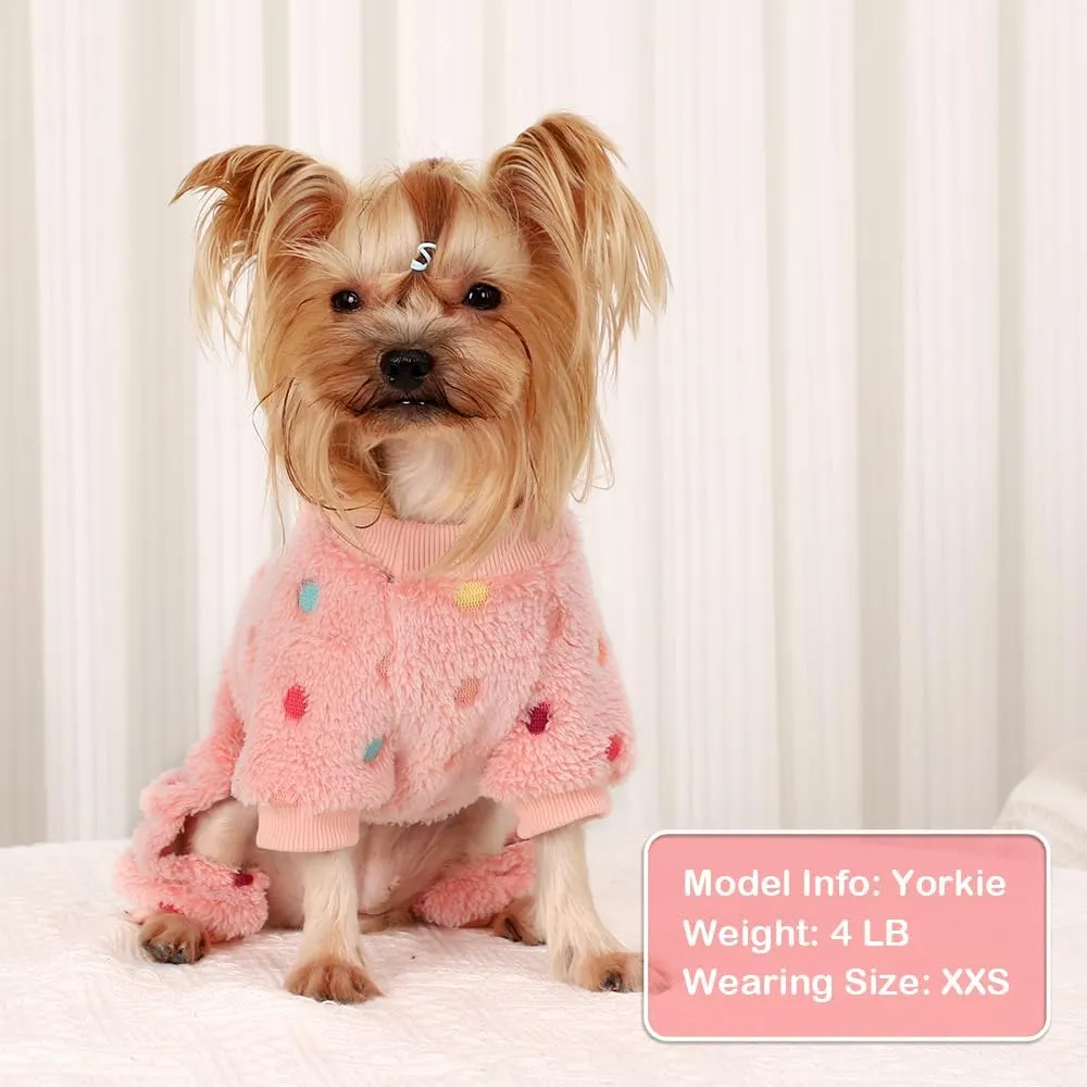 Sebaoyu Fleece Dog Sweater for Small Girl Boy Winter Cute Warm Pajamas Polka Dot Pet Clothes Puppy Yorkie Cat Tiny Outfit Pjs 4 Legs Jumpsuit(Pink,XX-Small)