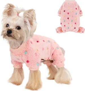 Sebaoyu Fleece Dog Sweater for Small Girl Boy Winter Cute Warm Pajamas Polka Dot Pet Clothes Puppy Yorkie Cat Tiny Outfit Pjs 4 Legs Jumpsuit(Pink,XX-Small)