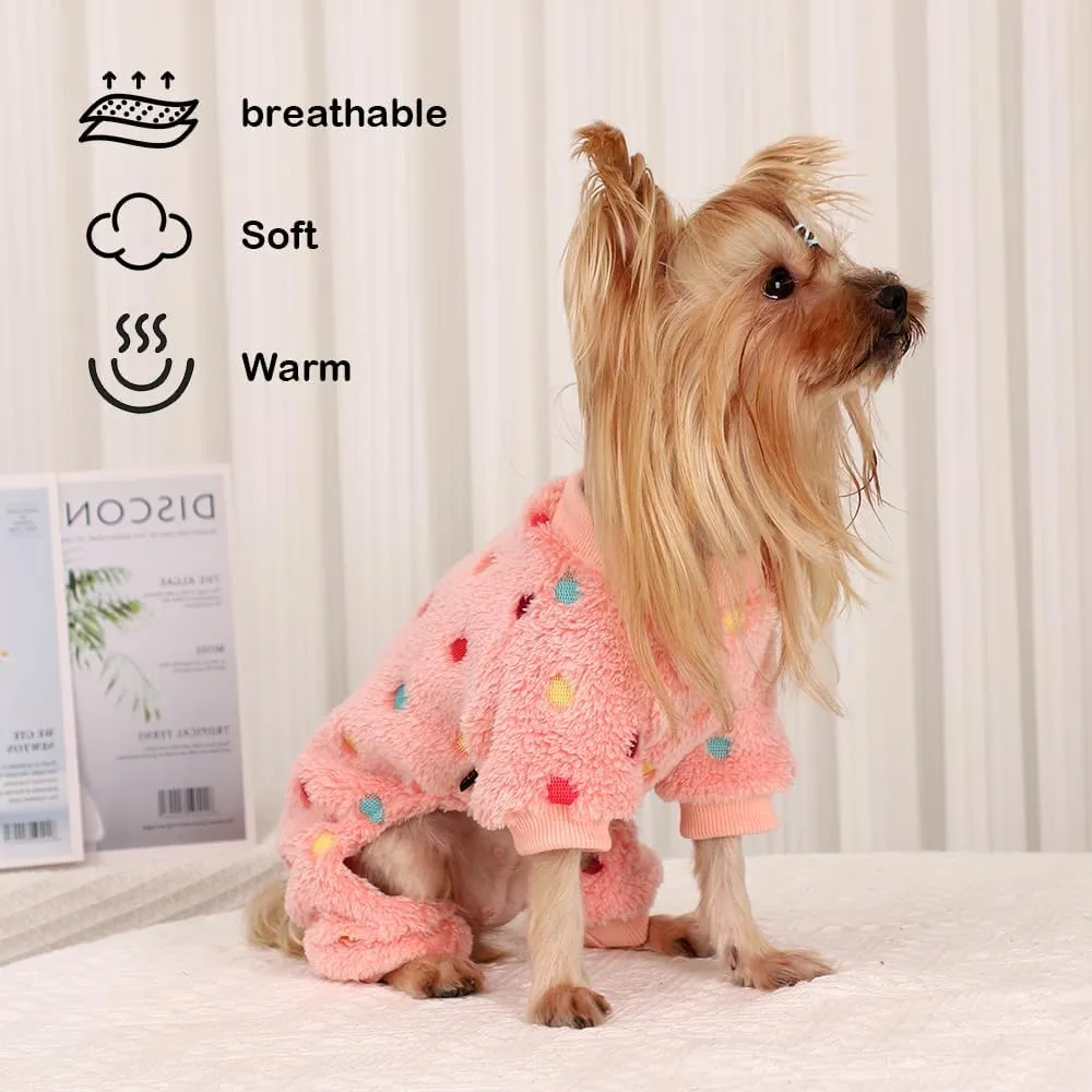 Sebaoyu Fleece Dog Sweater for Small Girl Boy Winter Cute Warm Pajamas Polka Dot Pet Clothes Puppy Yorkie Cat Tiny Outfit Pjs 4 Legs Jumpsuit(Pink,XX-Small)