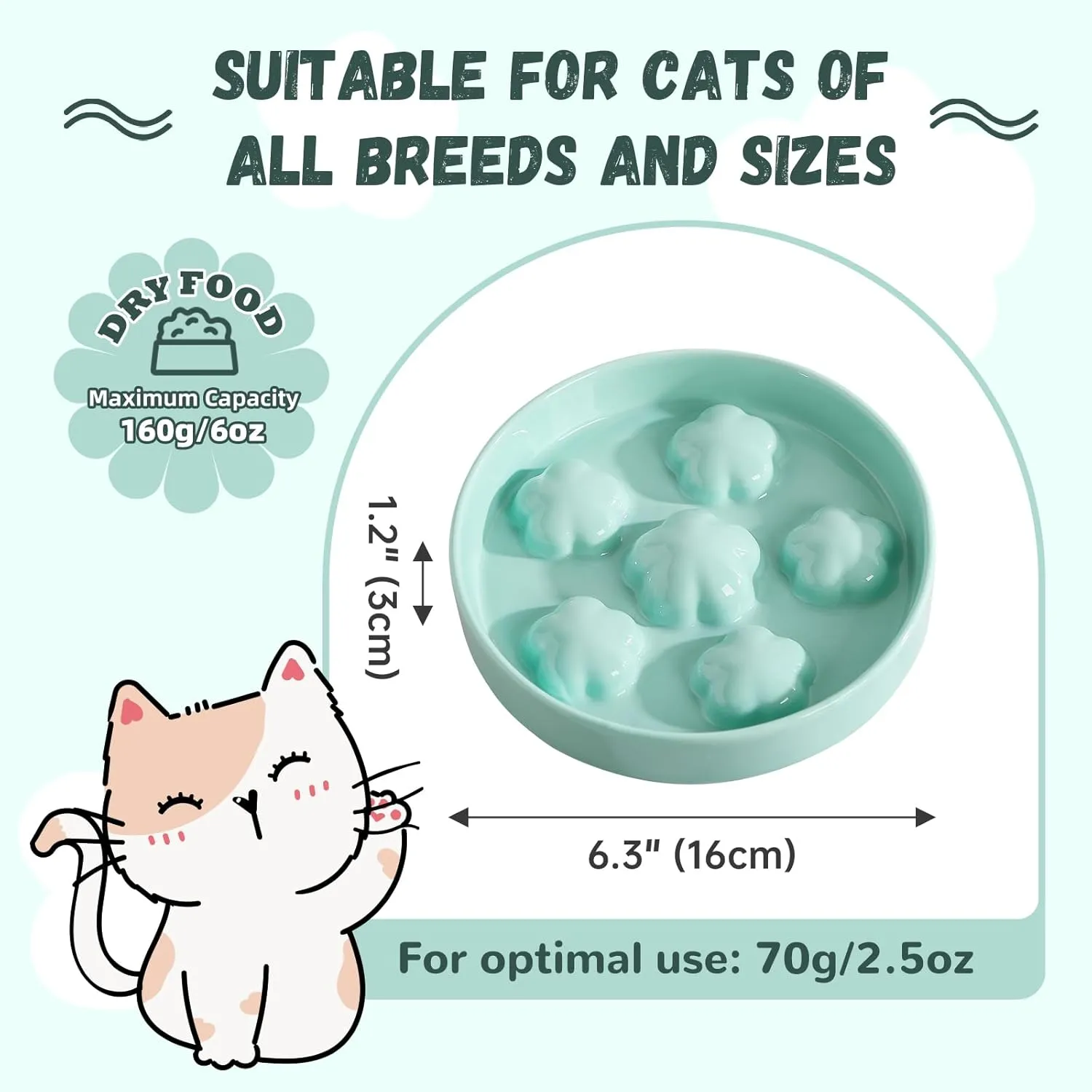 Slow Feeder Cat Bowl Ceramic - Anti-Vomiting Eating Dish for Fast Eaters - Pastel Tones Food Plate - Cute Bloom Feeding Maze - Dishwasher Safe - 6 OZ - Light Green