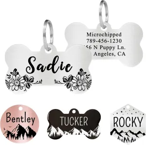 Ultra Joys Stainless Steel Pet ID Tag Dog Name Tags Personalized Front and Back Engraving, Customized Cat Tags, Optional Engraved on Both Sides, Bone Floral Design, Silver Large, Silver-bone-floral