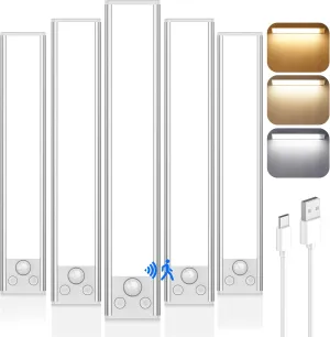 VerRon 5 Pack Under Cabinet Lighting Wireless, Battery Operated Motion Sensor Light Indoor with 3 Color Temps 68 LED, Upgraded 2200mAh Rechargeable Under Cabinet Lights Closet Lights for Kitchen, 10in