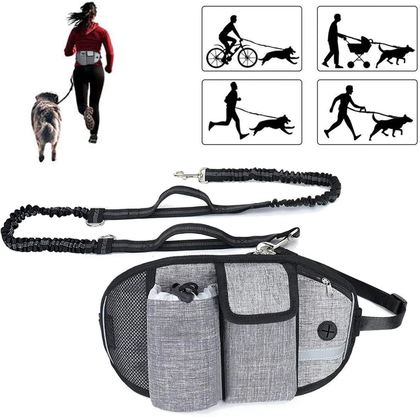 Waist Leash for Dog Walking - Hands Free Dog Leash with Multi Pouches, Wide Back Support Belt Bungee Dog Leash, Dog Waist Belt Leash for Walking, Running, Hiking, Training (Gray)