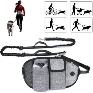 Waist Leash for Dog Walking - Hands Free Dog Leash with Multi Pouches, Wide Back Support Belt Bungee Dog Leash, Dog Waist Belt Leash for Walking, Running, Hiking, Training (Gray)