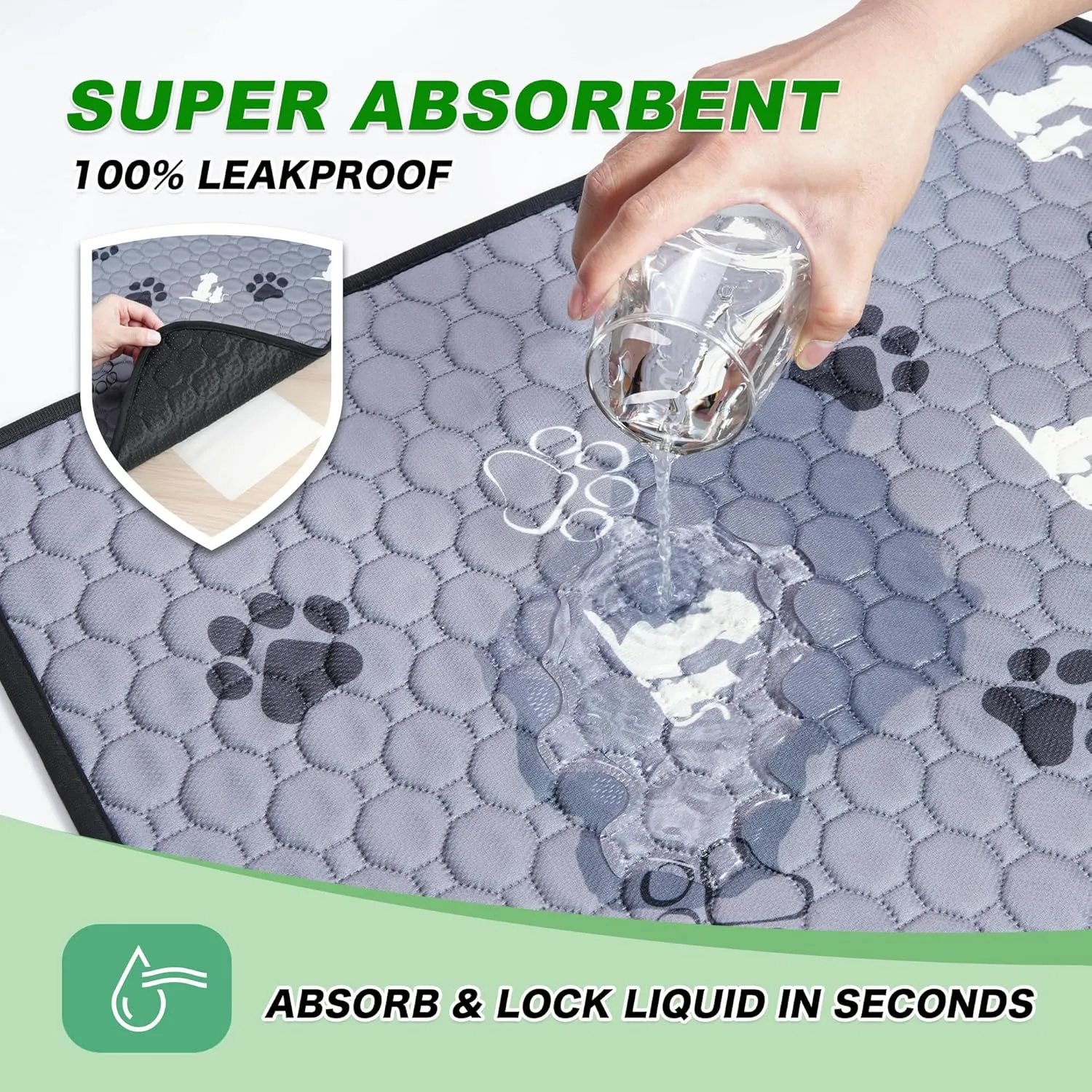 Washable Pee Pads for Dogs Mat, 2 Pack Absorbent Reusable Training Dog Pads Pet Puppy Pads, Non-Slip Potty Pads for Whelping, Playpen, Crate, Bed, Grey 24"x36"