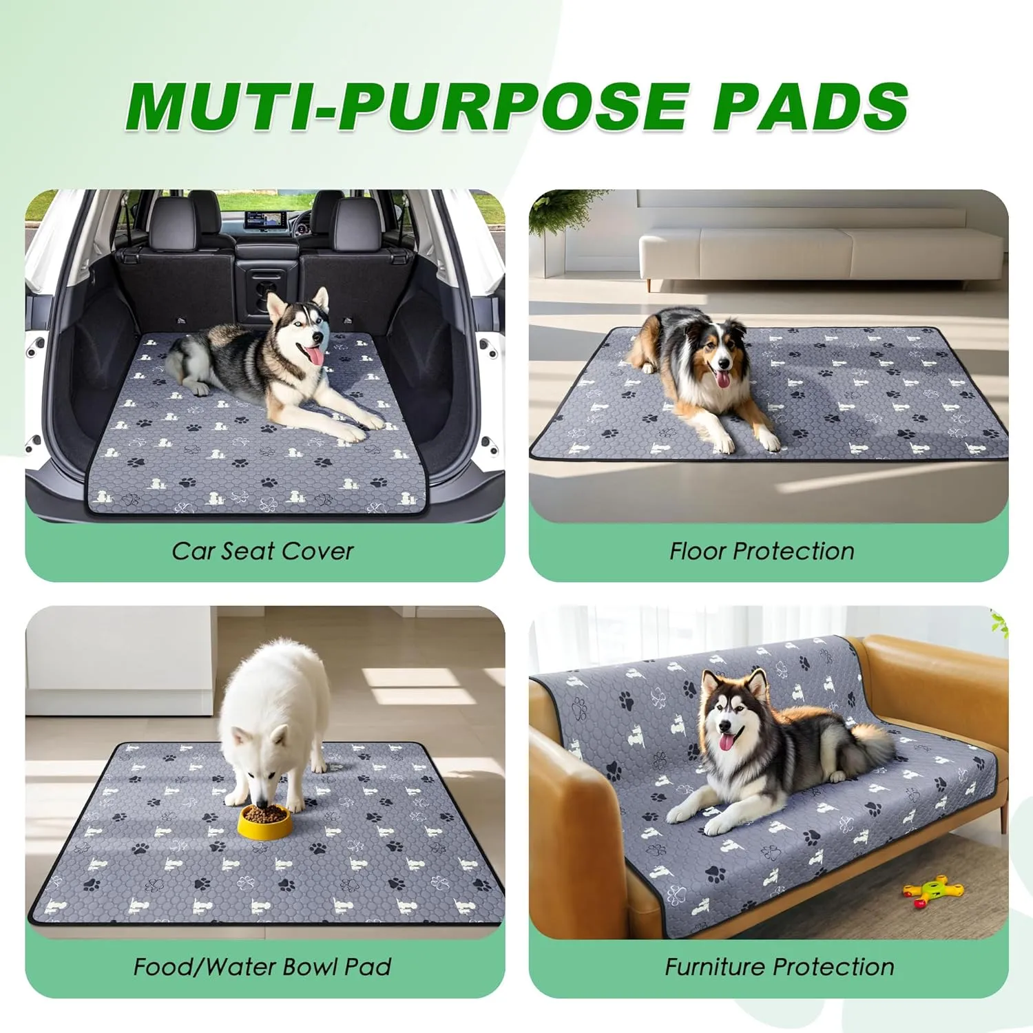 Washable Pee Pads for Dogs Mat, 2 Pack Absorbent Reusable Training Dog Pads Pet Puppy Pads, Non-Slip Potty Pads for Whelping, Playpen, Crate, Bed, Grey 24"x36"